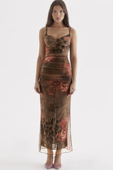 Vintage Sweetheart Rüschenbesatz Bedrucktes Mesh Slip Maxikleid - Blumen